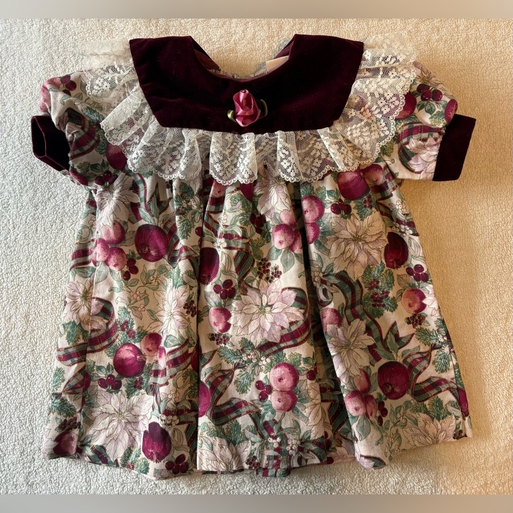 Vintage Floral Lace Velvet Dress, Maroon Apple Print. Size 12 months.